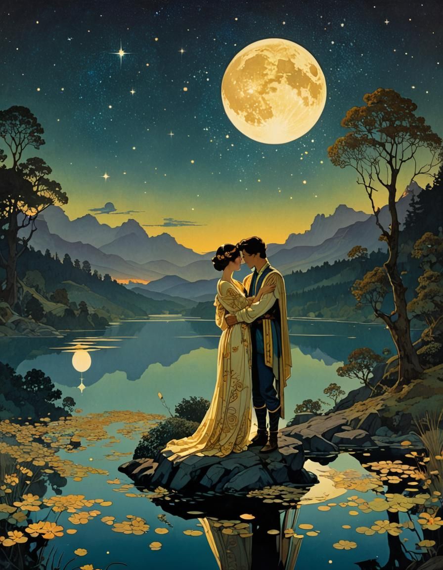 Moonlit Embrace: Fairytale Romance Painting