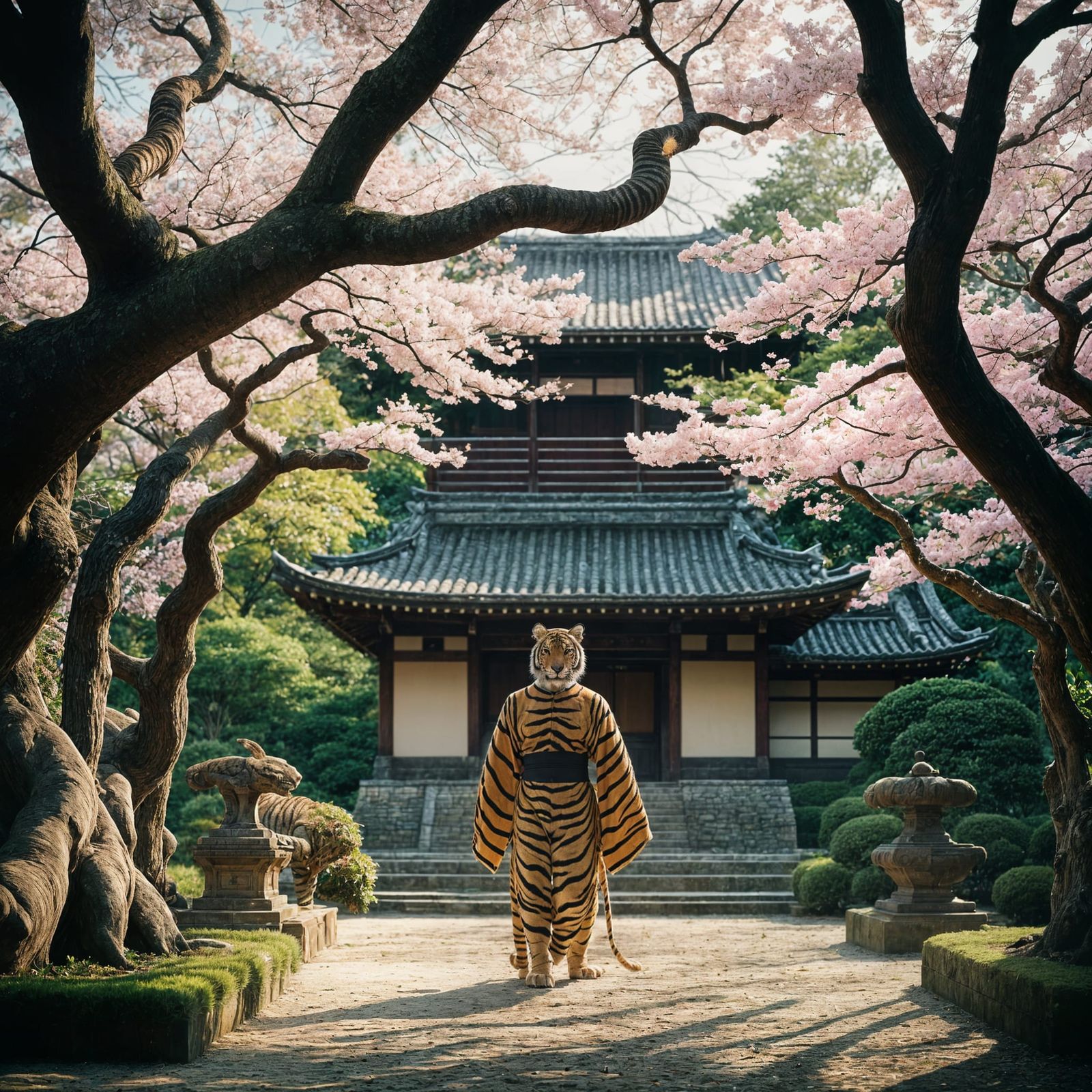 Tiger Emperor in Bonsai Garden: Cinematic Still