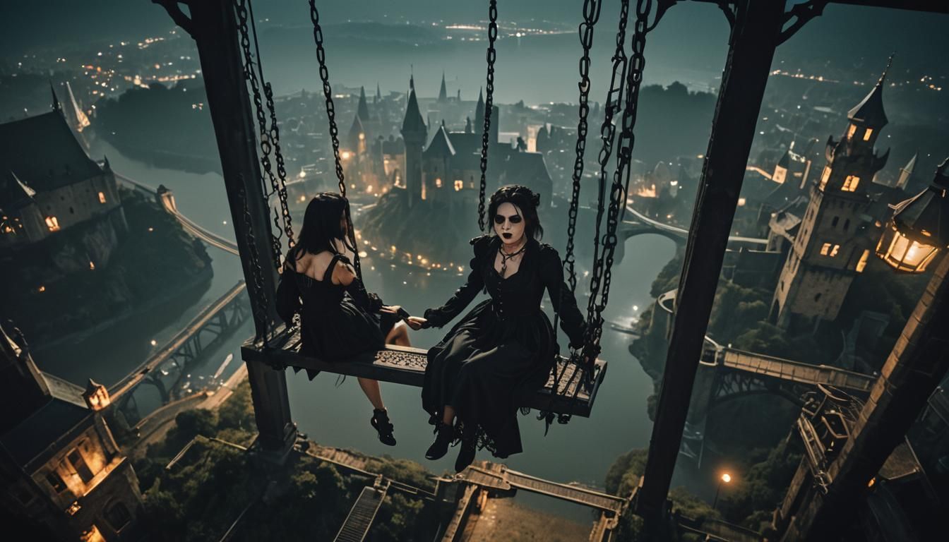 Goth Girl on Castle Swing at Night
