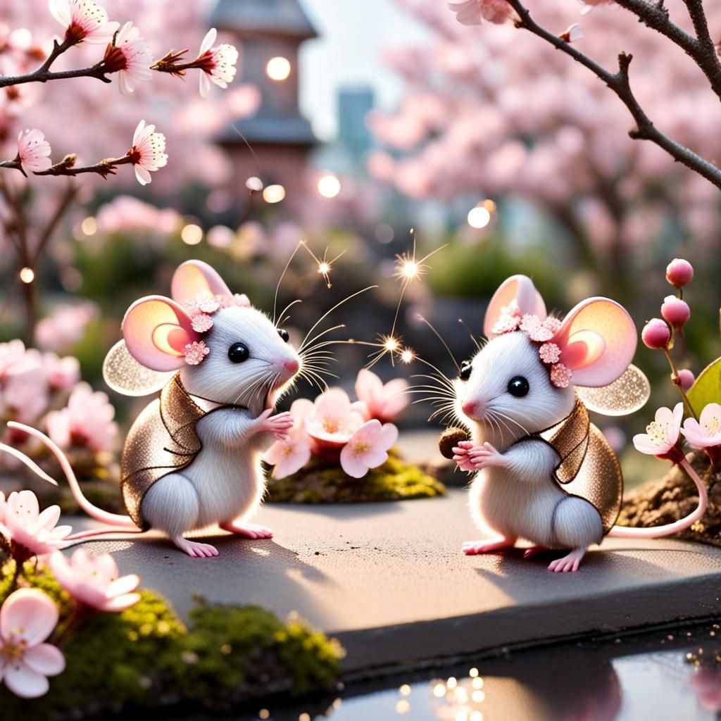 Mice in Cherry Blossom Urban Garden