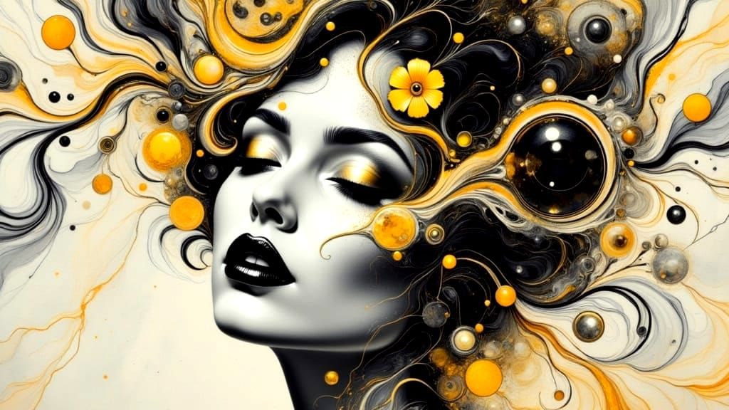 Luxury Woman Portrait in Marble and Metallic Ink Art