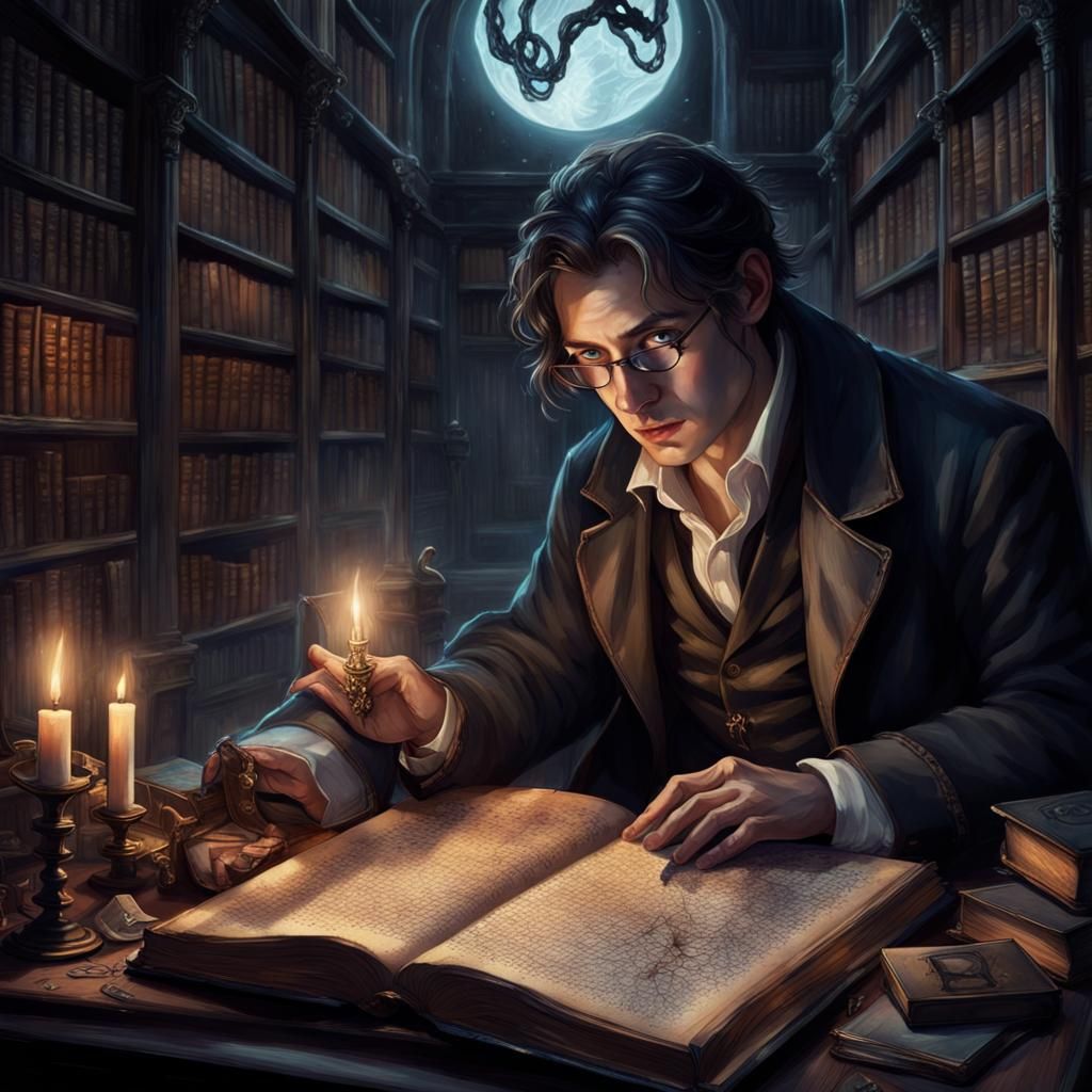 Moonlit Library Portrait Reveals Cryptic Detective Scene