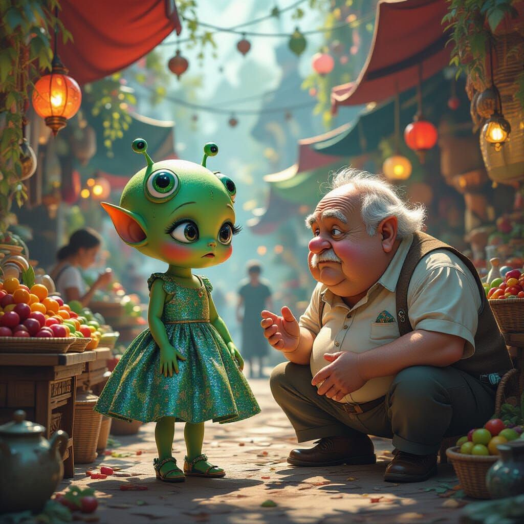 Alien Bazaar Scene in Splash Art Style