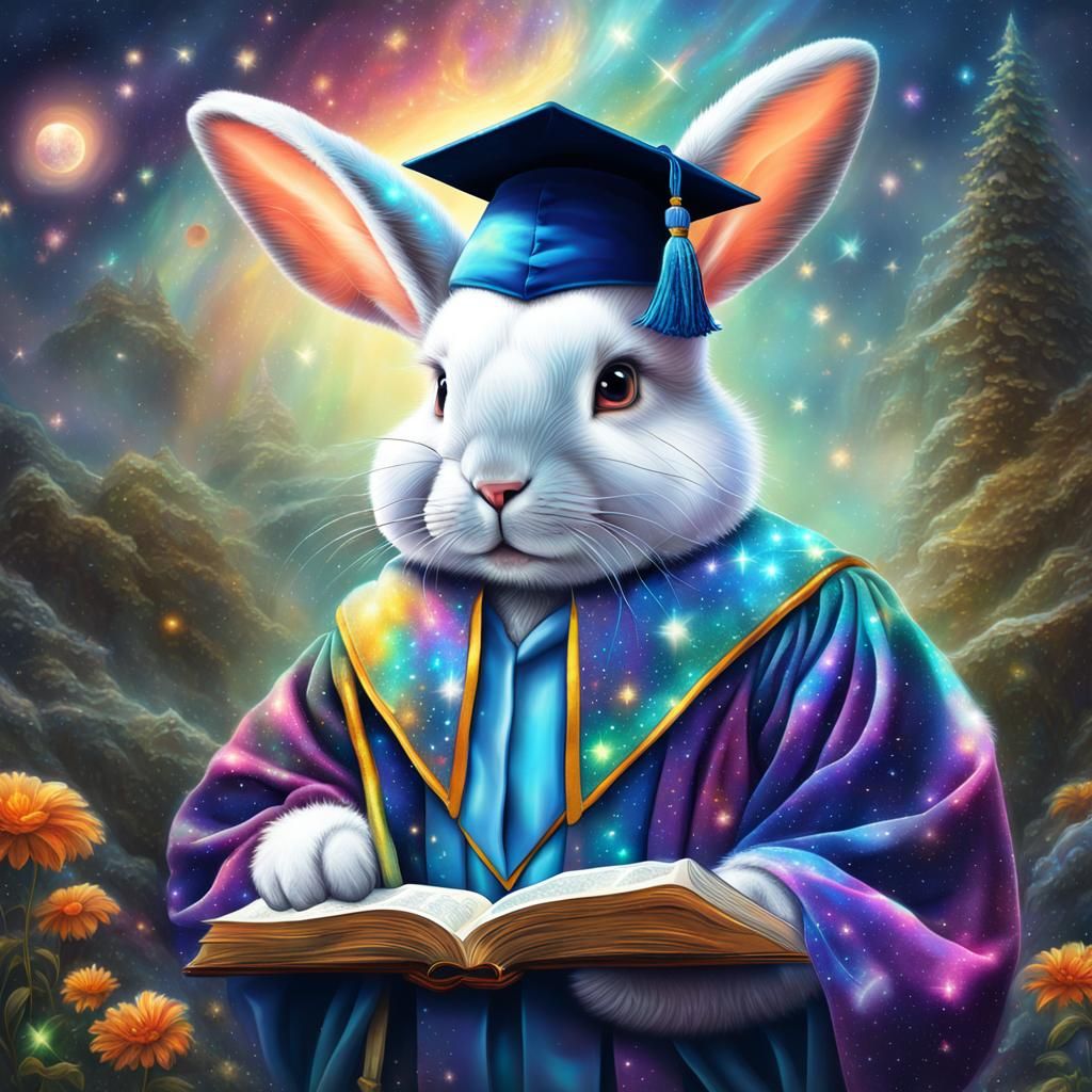 Rabbit Graduates: Cosmic Astral Mixed-Media Illustration
