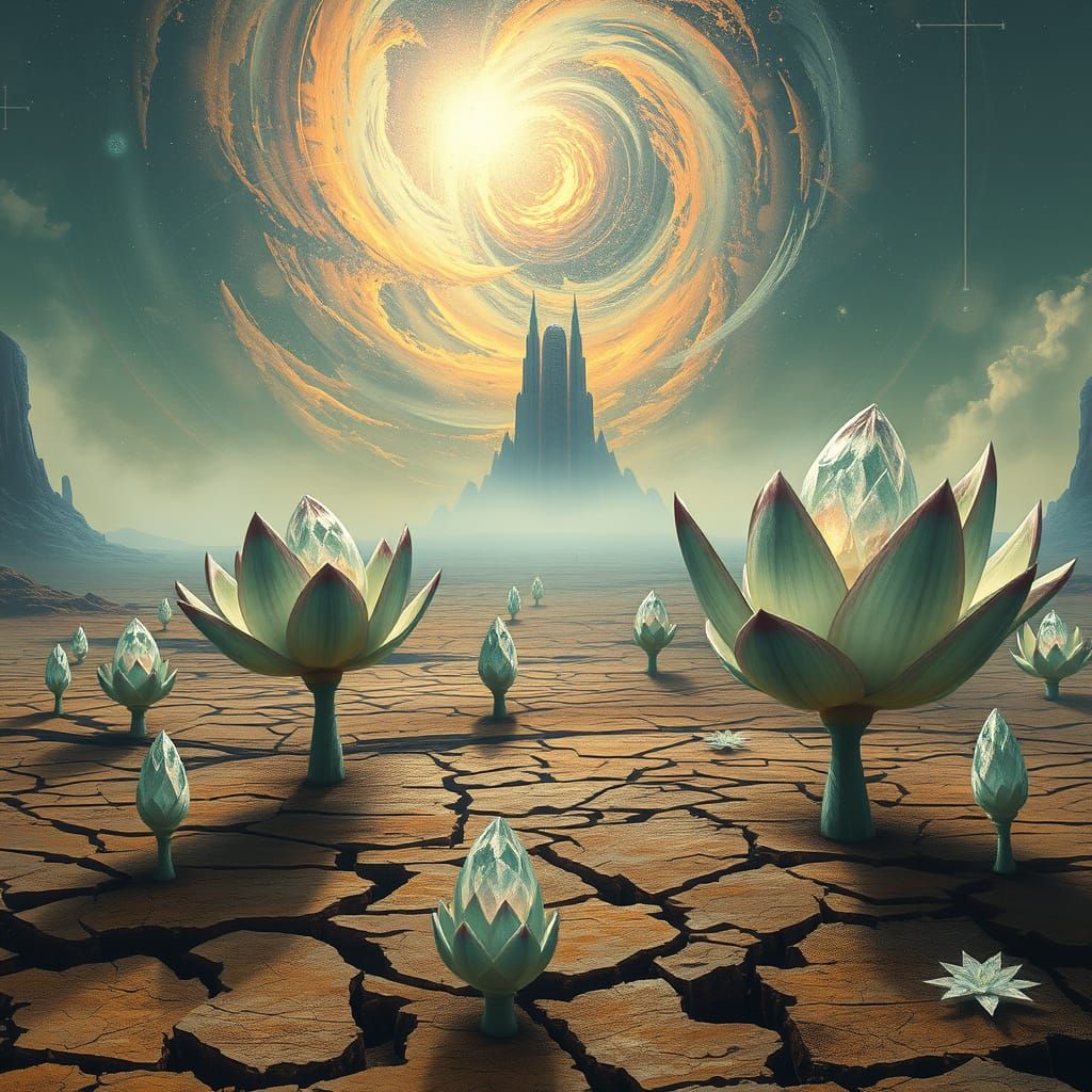 Surreal Crystalline Lotus Desert Landscape