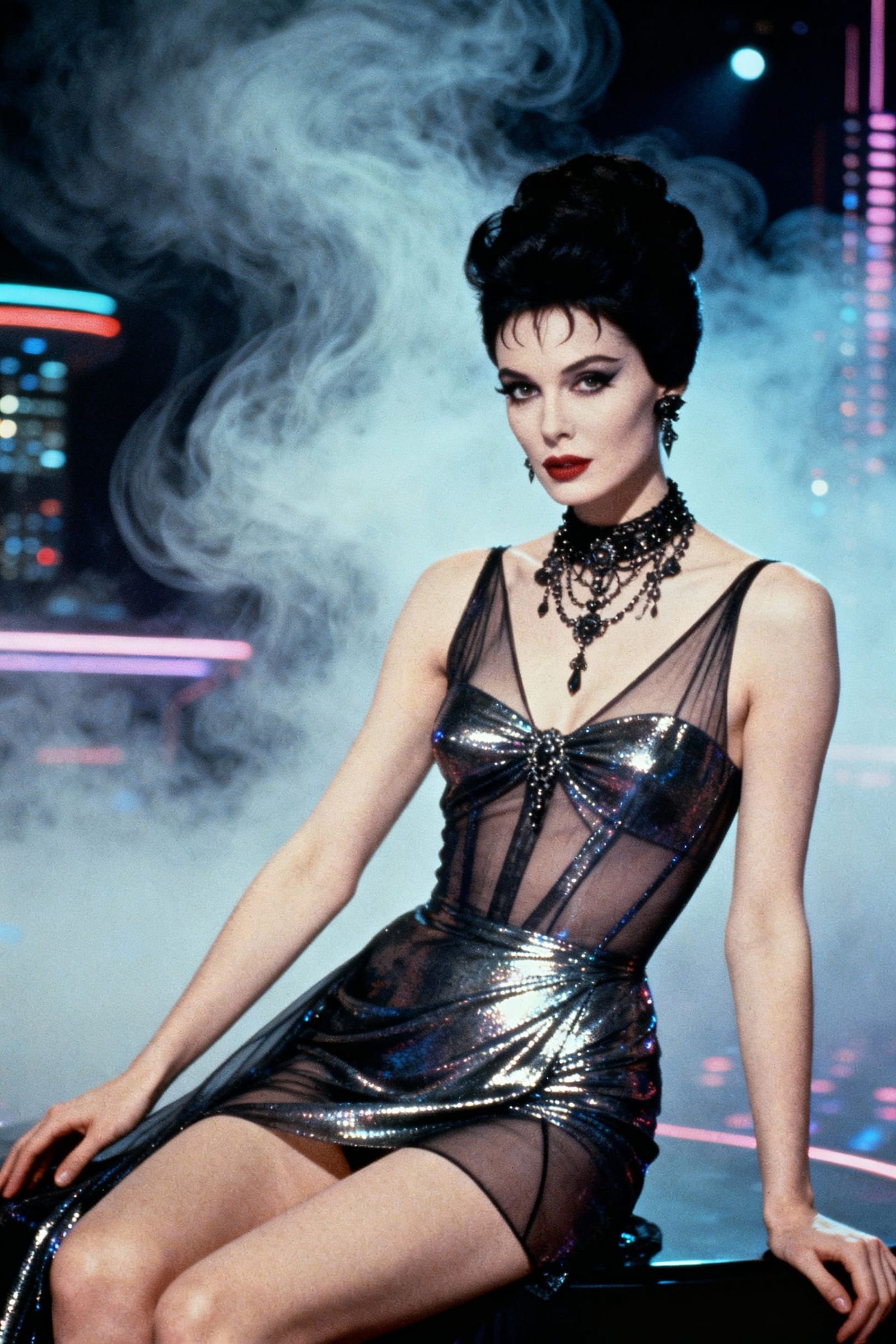 Gothic Woman in Metallic 60s Disco Dress