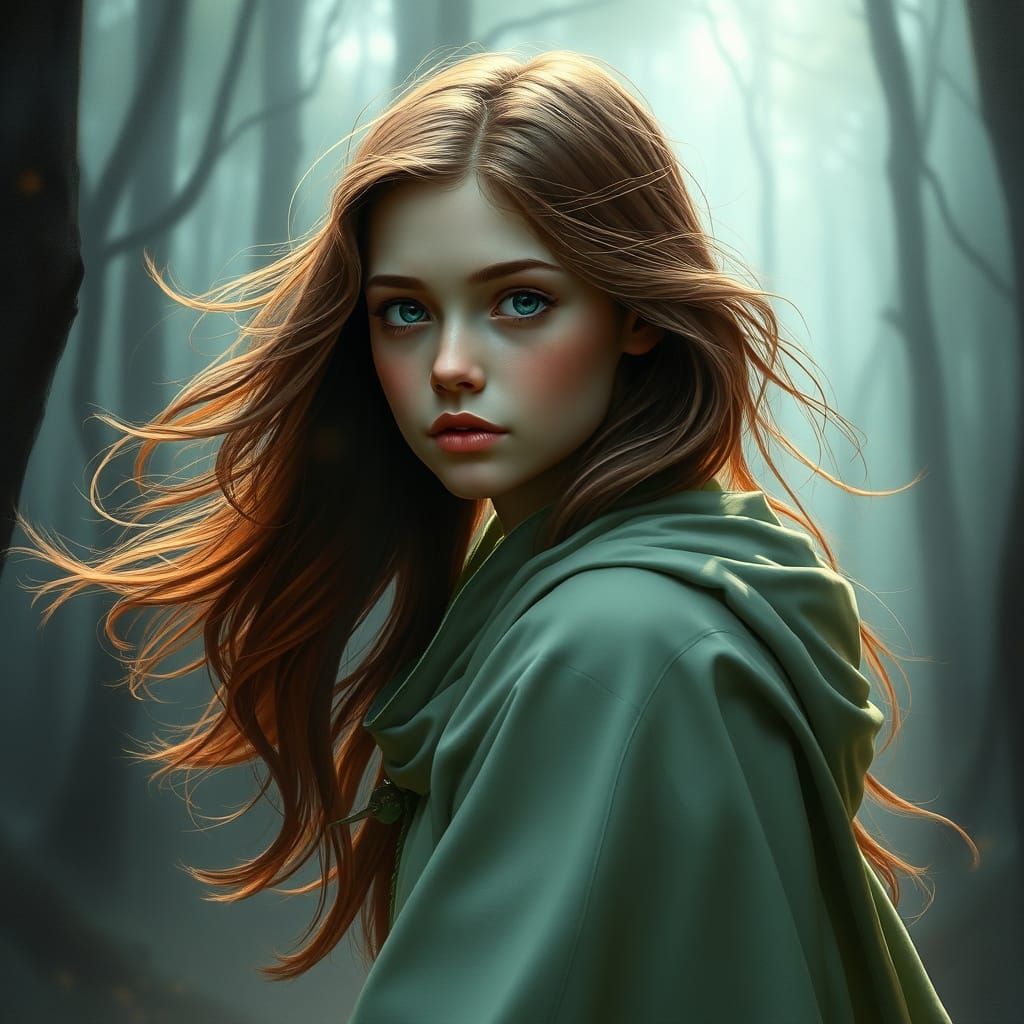 Mystical Young Woman in Misty Woods