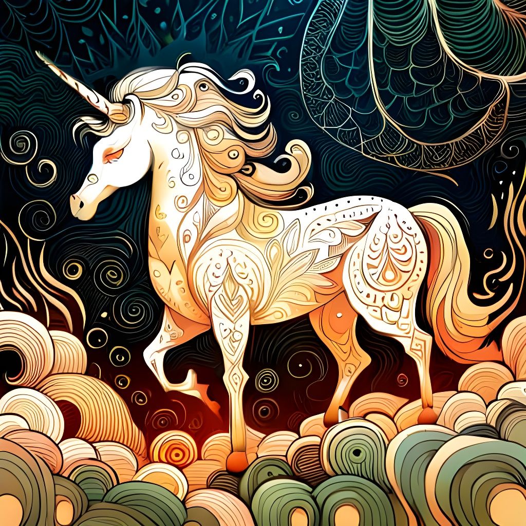Intricate Outline of White Unicorn, Digital Art