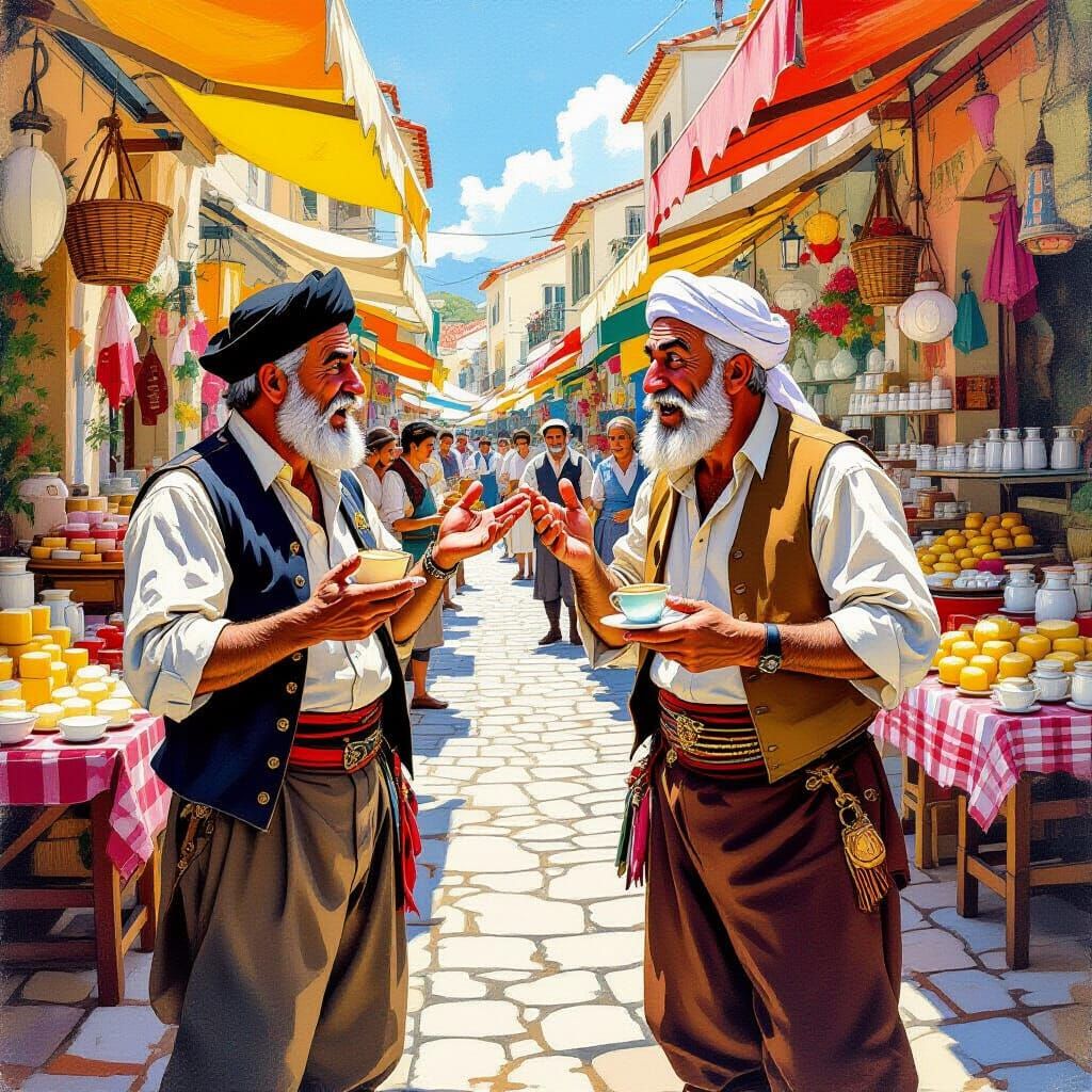 Comical Cypriots Argue Over Food in Whimsical Style