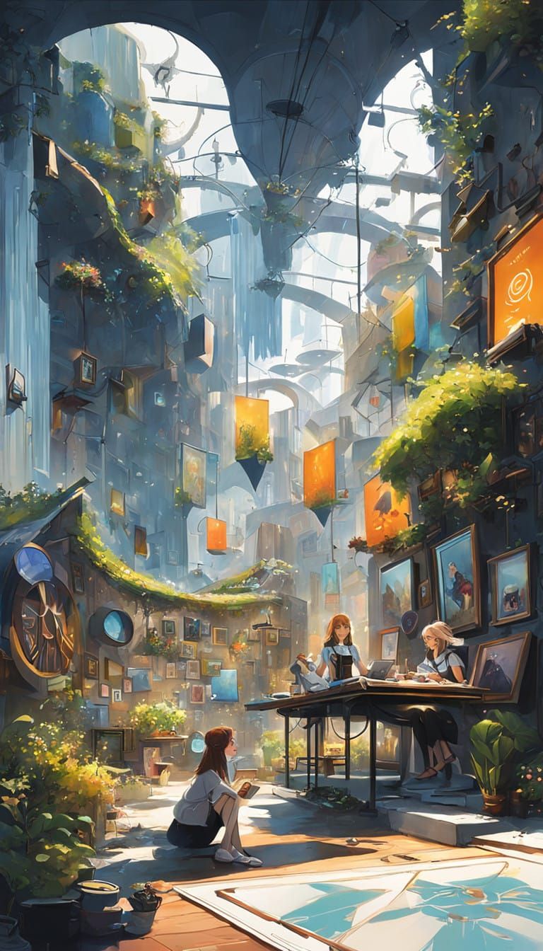 Cozy NightCafe Scene with Loving Couple and Robot Artist