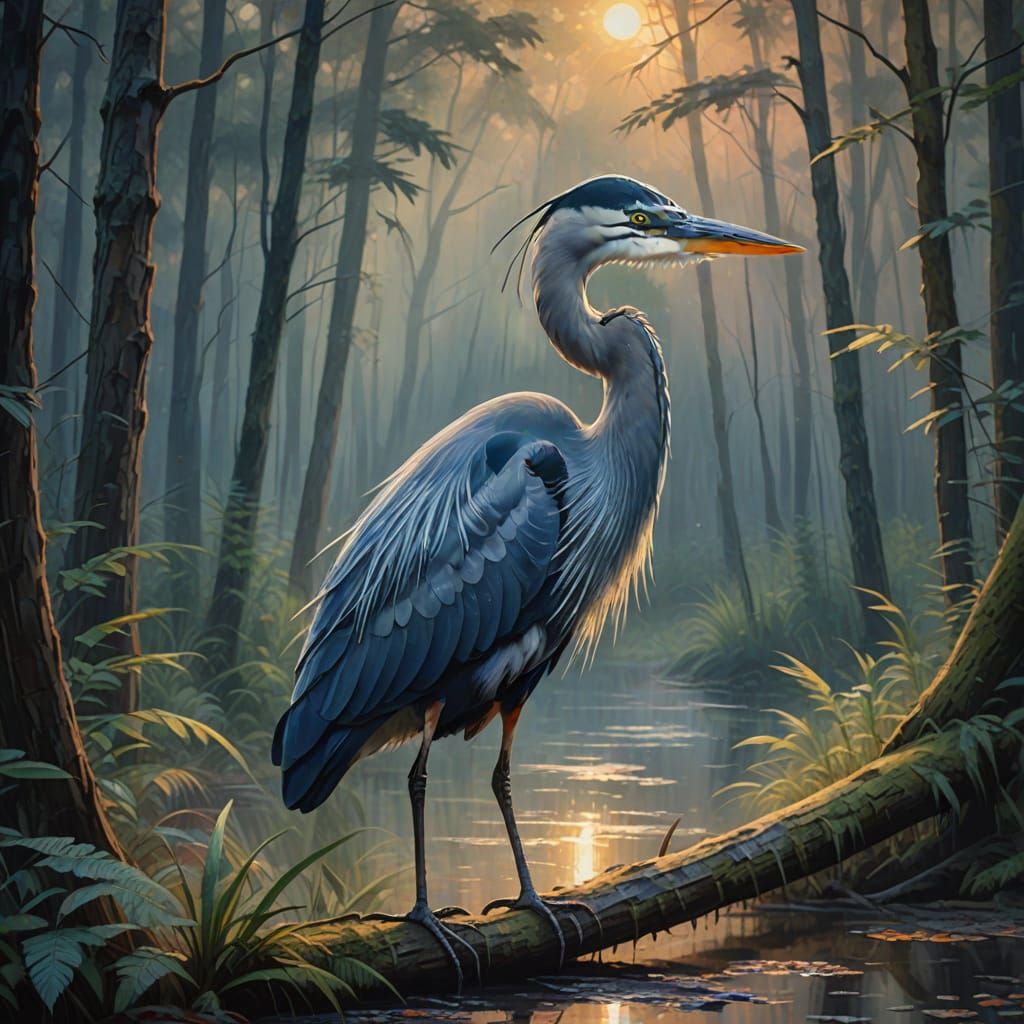 Impressionistic Great Blue Heron in Misty Forest