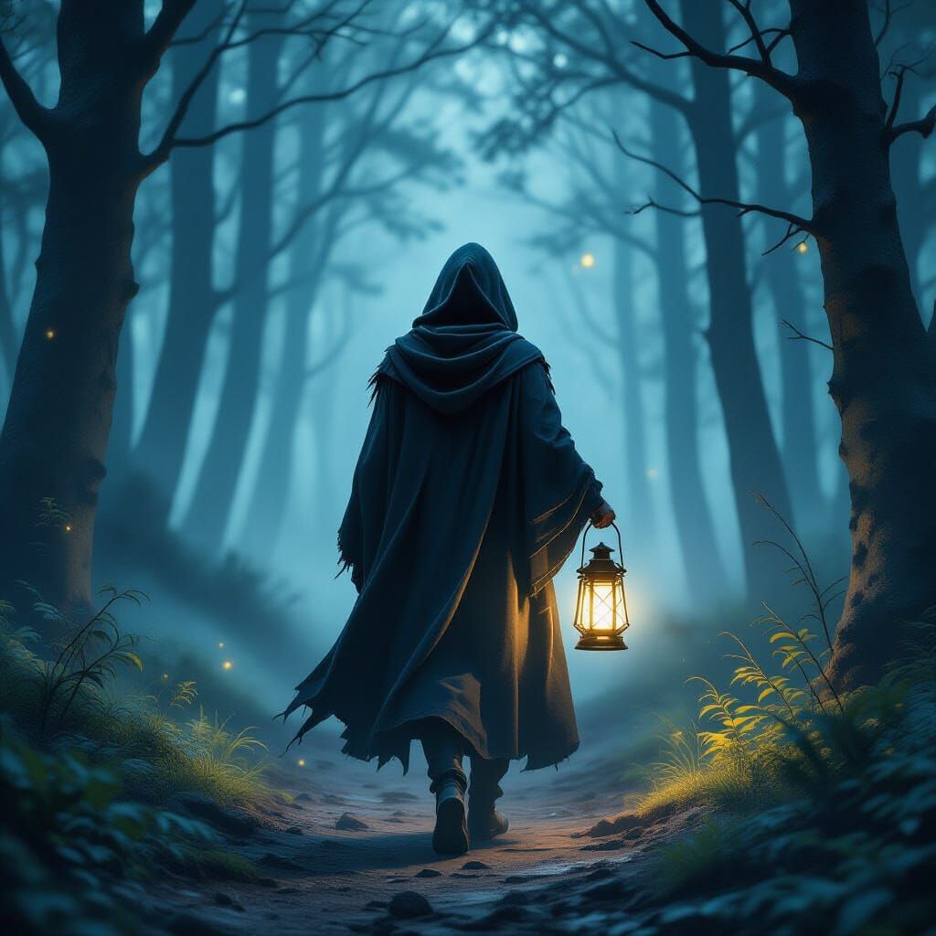 Enchanted Forest: A Lone Traveler's Lantern Light