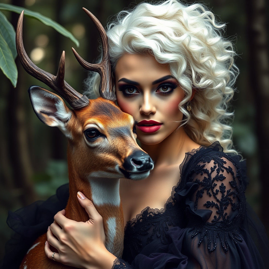 Hyperrealistic Portrait: Woman and Deer in Jungle