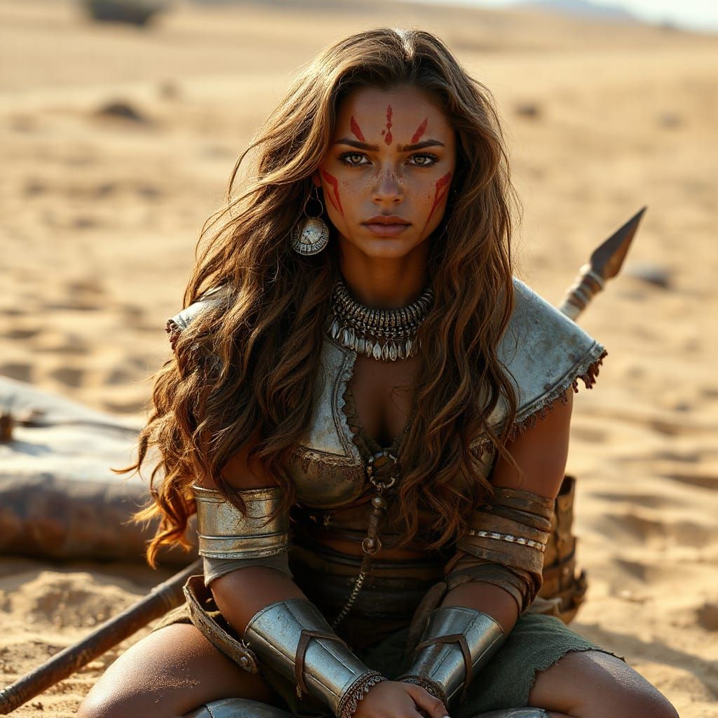 Tribal Warrior Woman in Desert, Digital Painting