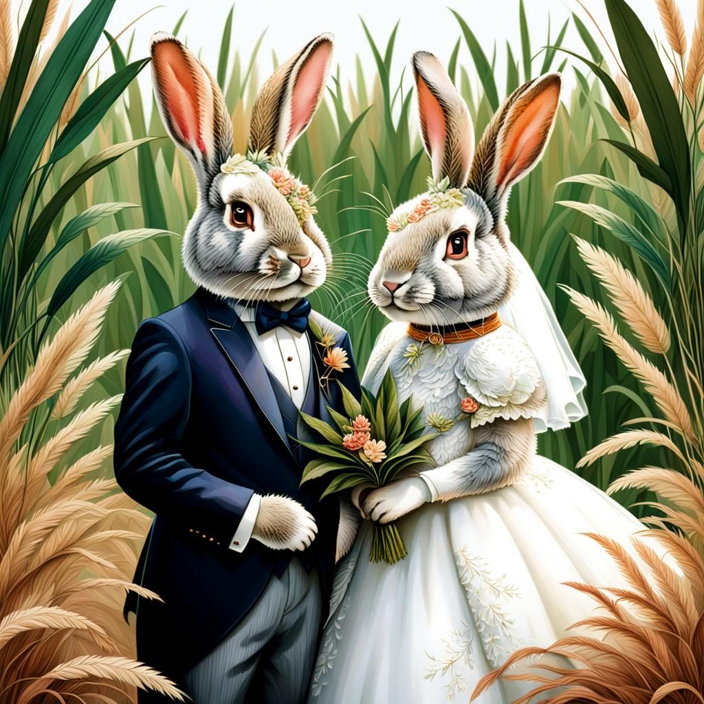 Rabbit Couple in Bridal Outfits with Foliage