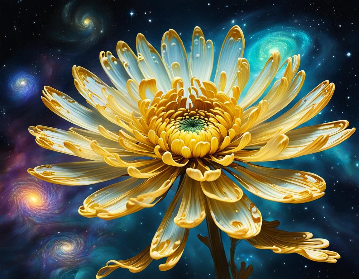 Golden Chrysanthemum in Cosmic Galaxy: Ethereal Futurism