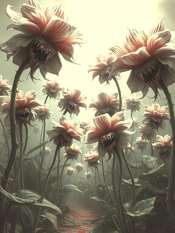 Macabre Garden of Flowers with Teeth and Eyes