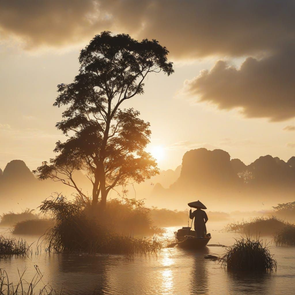 Vietnamese Woman Silhouetted Against Vietnamese Landscape