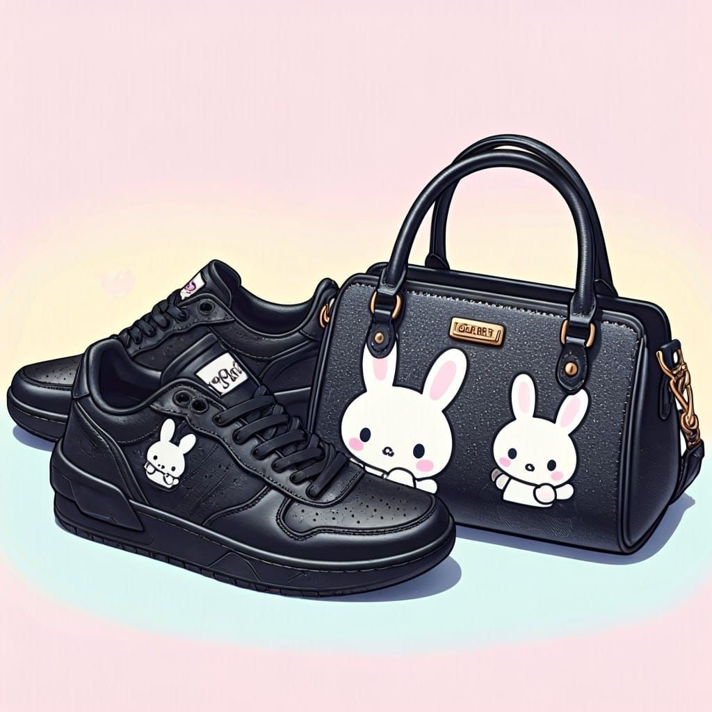 Cute Anime Rabbit Sneaker Illustration with Matching Handbag