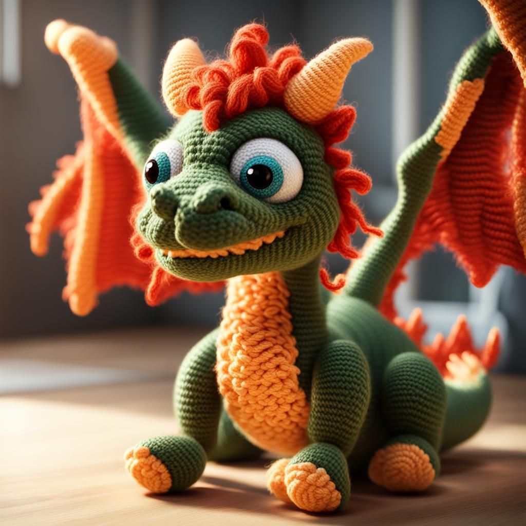 Adorable Yarn Dragon Flying, Photorealistic CGI Art