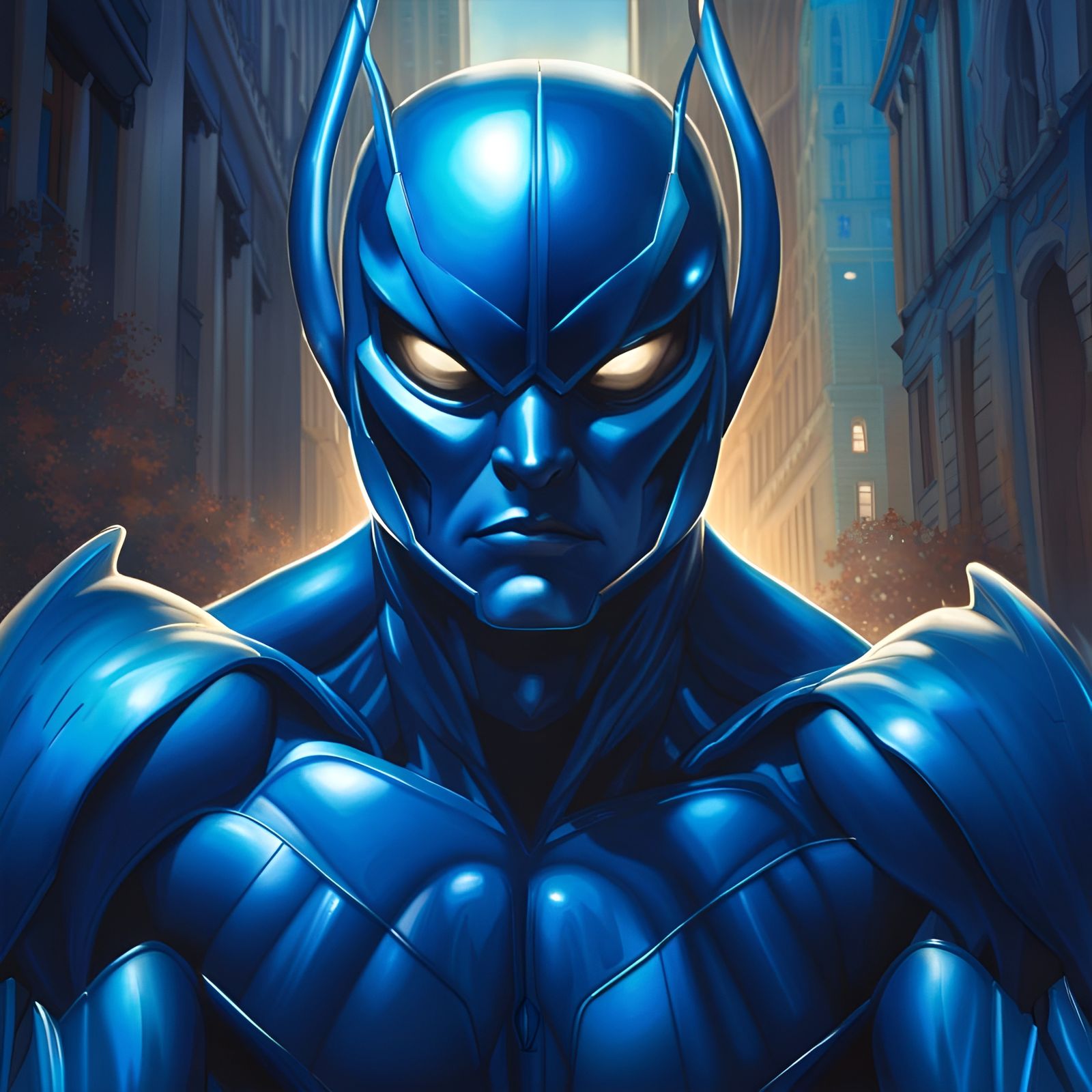 Blue Beetle on Dark Street in Knightcore Style
