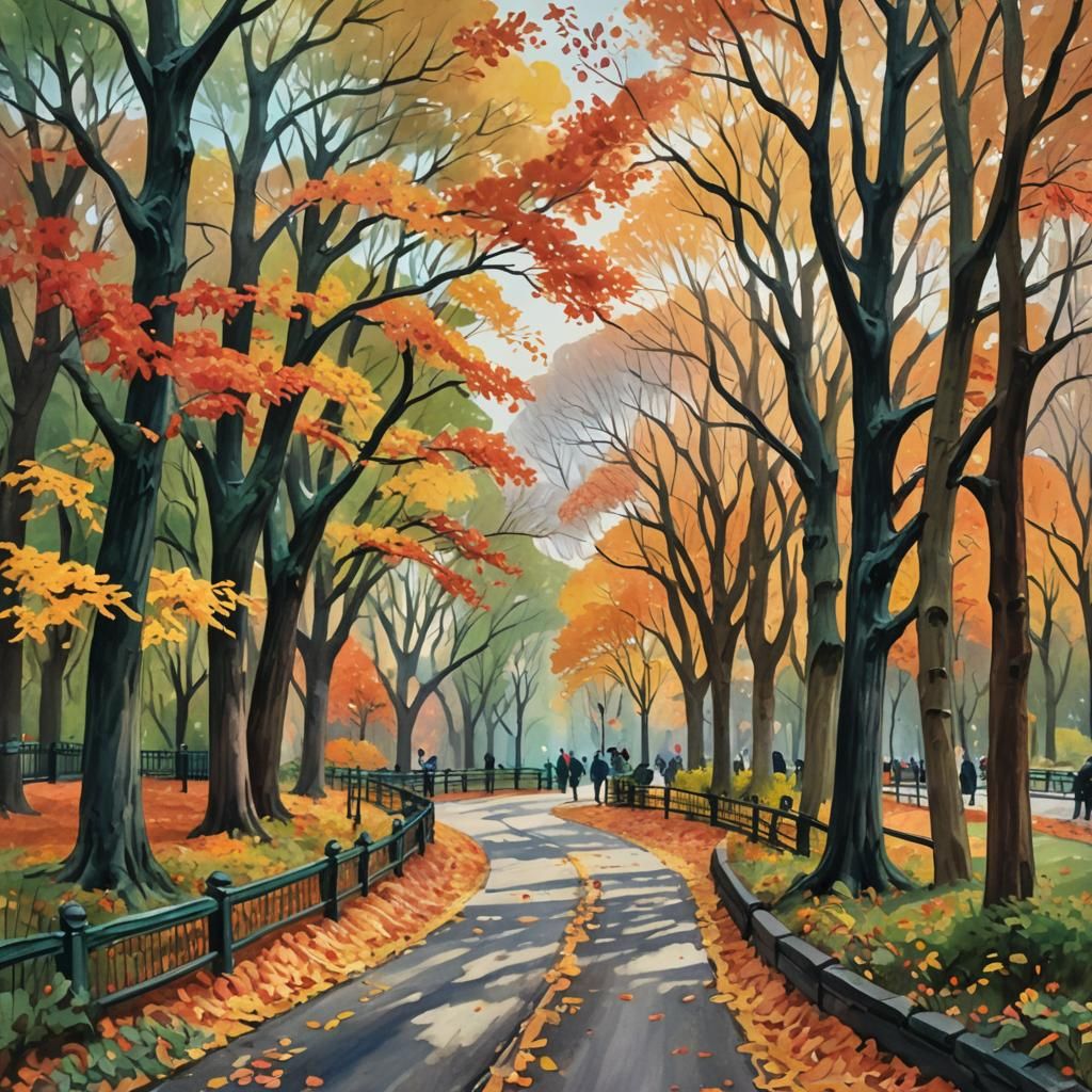 Autumn in Central Park: Impressionist Gouache Painting
