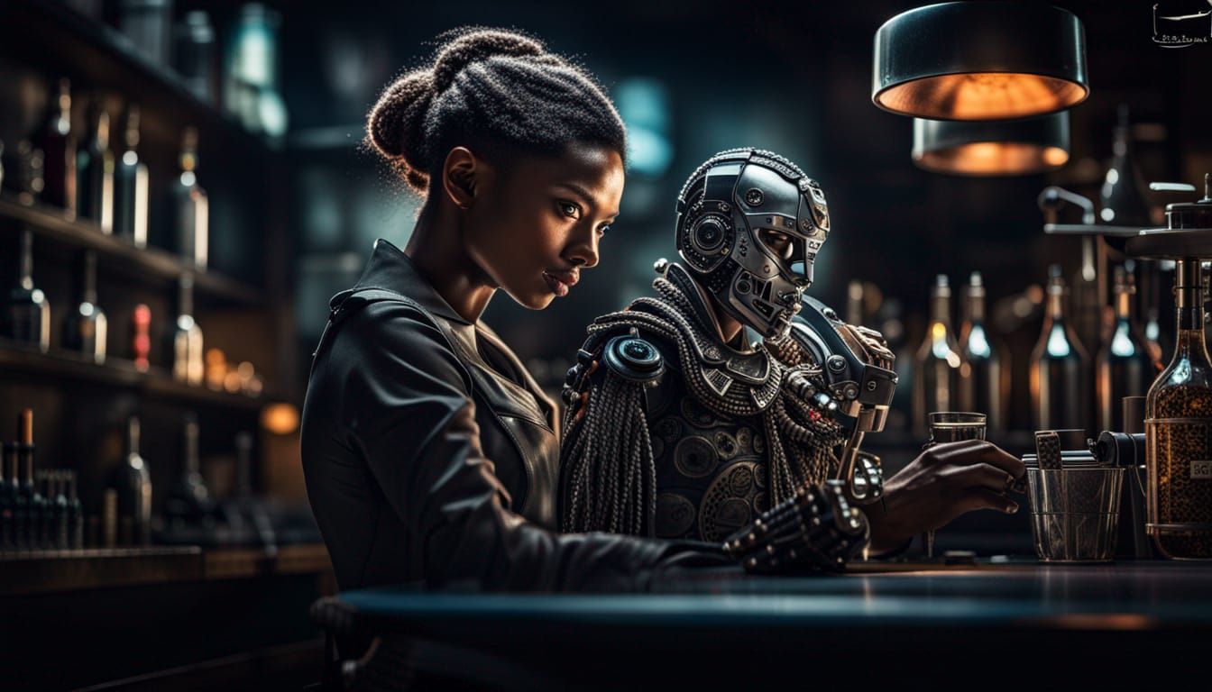 Hyperrealistic Cyborg Bartender with Cinematic Lighting