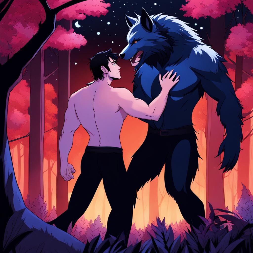 Romantic Werewolf and Human Embrace in Forest