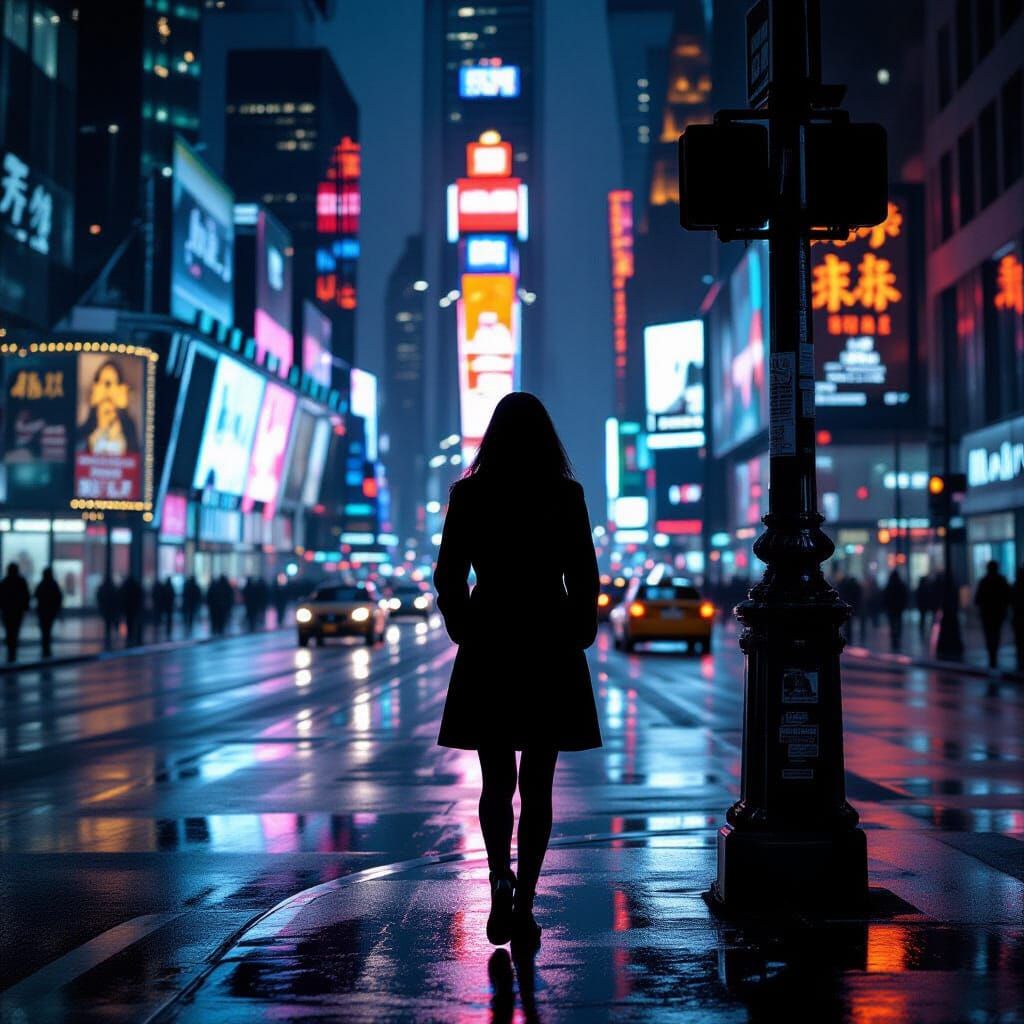 Businesswoman in Gritty Urban Metropolis at Night