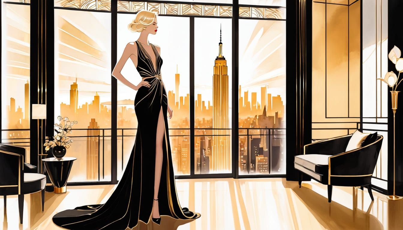 Elegant One-Line Art Fashion Sketch in Art Deco Style