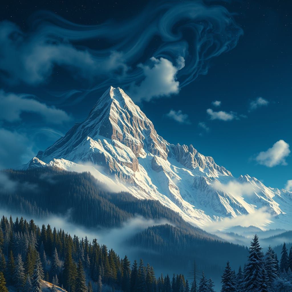 Majestic Snow-Capped Mountains in Vibrant Forests under Star...