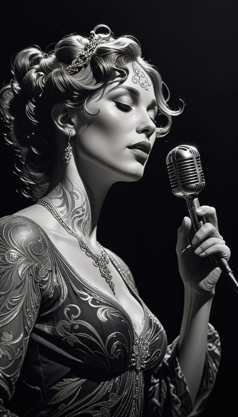 Art Nouveau Jazz Singer in Pencil Sketch Style