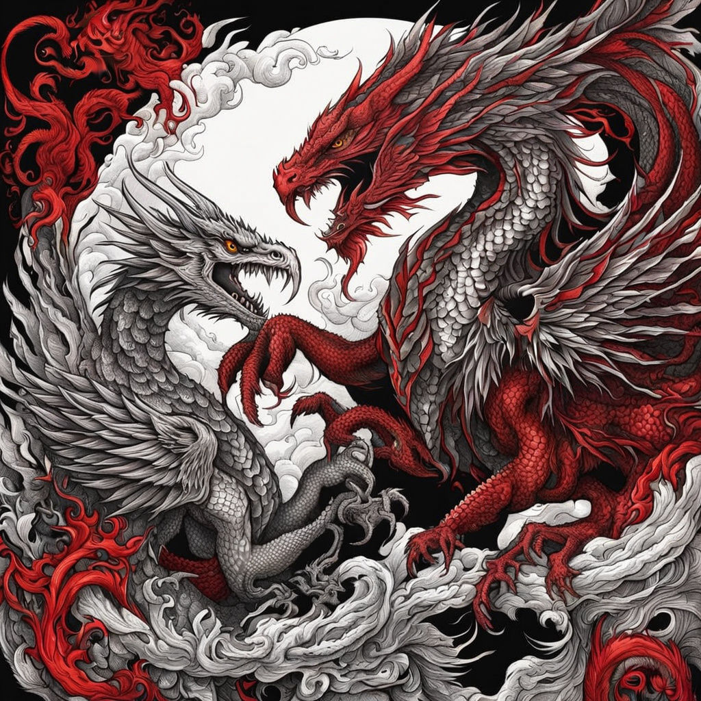 Majestic Dragon Battles Phoenix in Ancient European Tattoo A...