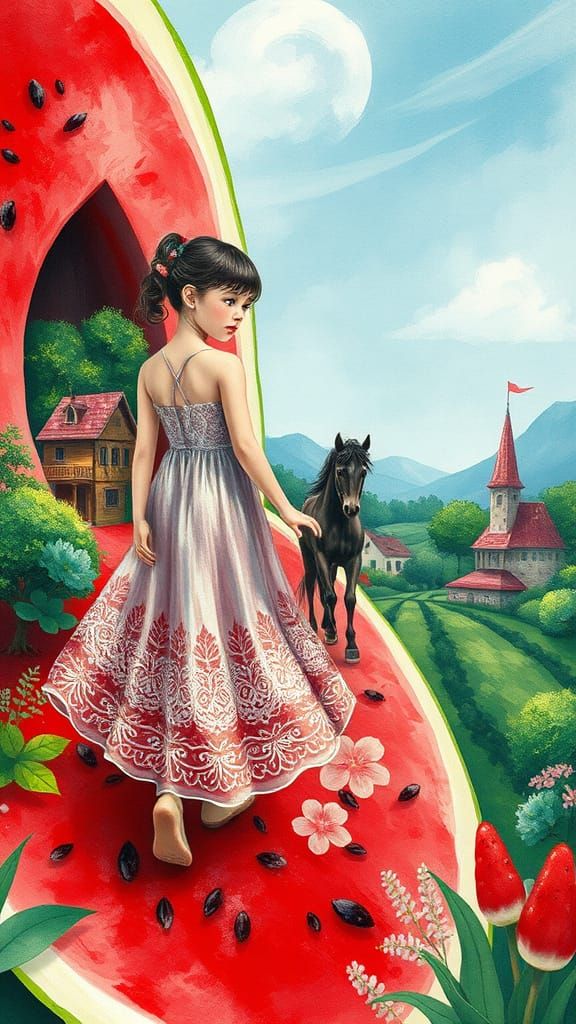 Girl Petting Horse in Watermelon Village, Impressionist Art
