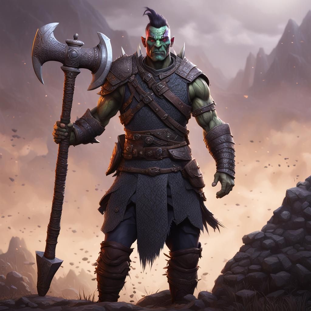 Half-Orc Soldier with Great Axe in Detailed Matte Painting