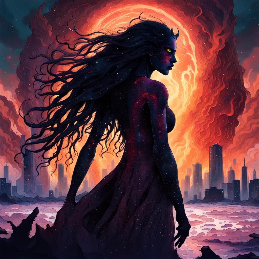 Cosmic Demon in Destroyed City: Digital Matte Painting