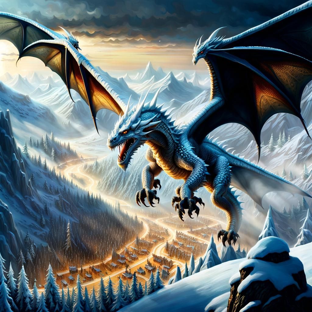 White Dragon's Icy Breath Over Orc Army