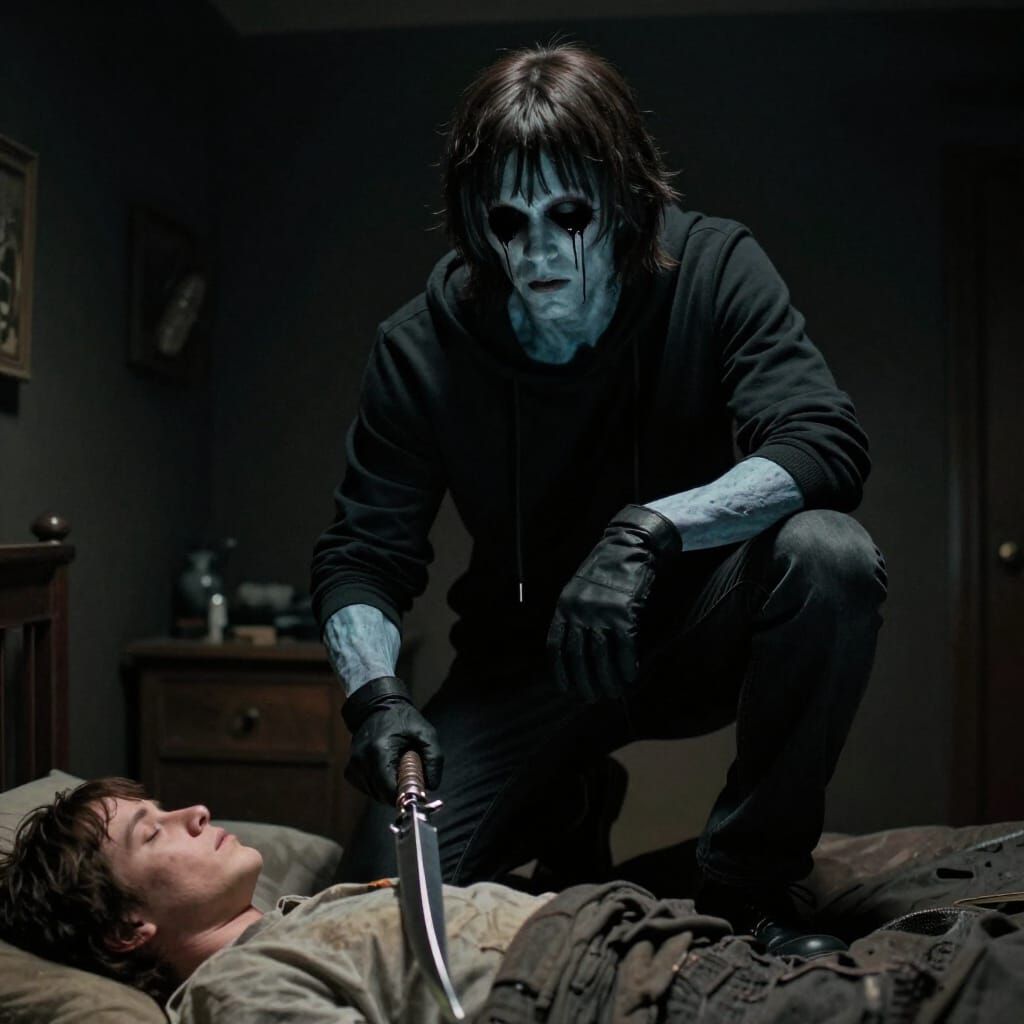 Eyeless Jack Lurking in Dark Bedroom