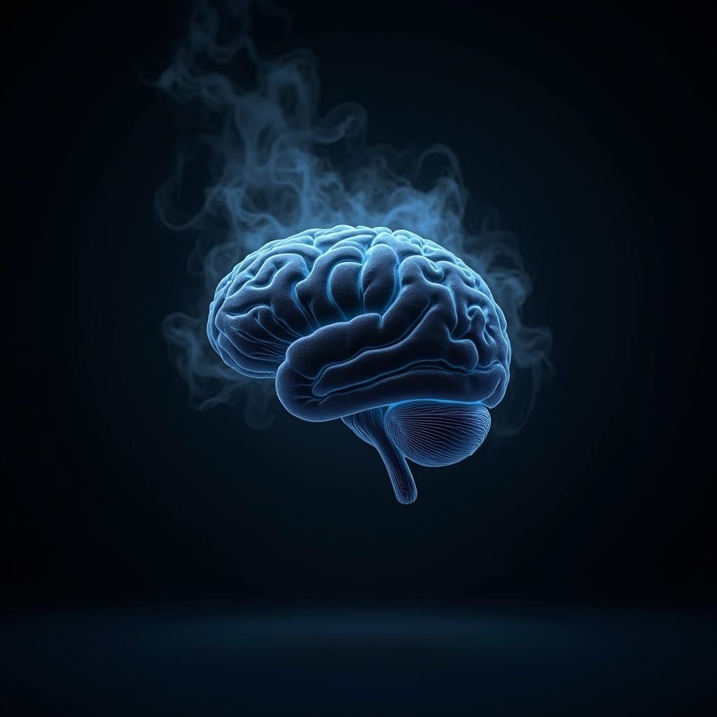 Hyper-Realistic Brain in Dark Blue Eerie Mist