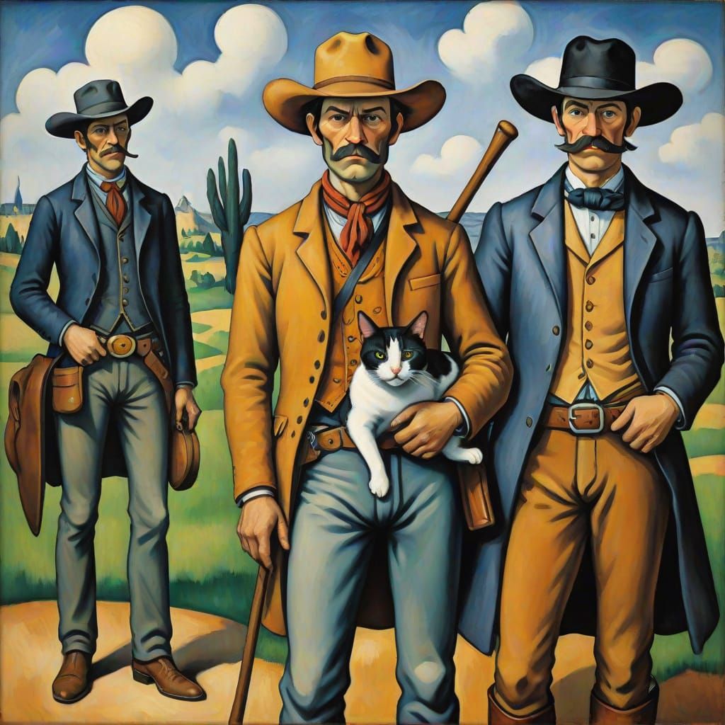 Cowboy and Cat with Bat in Cezanne and Magritte Style