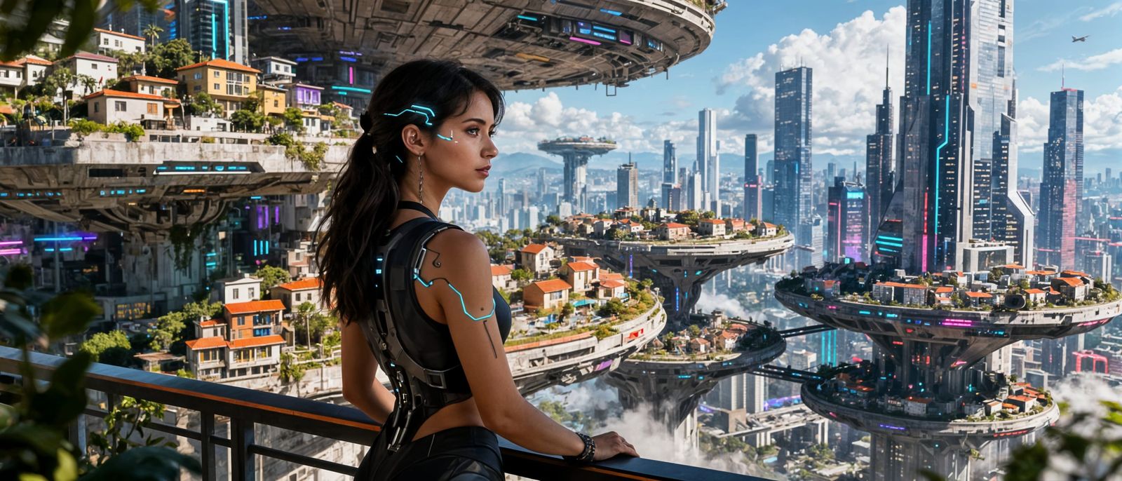 Futuristic City Vista with Cybernetically Enhanced Woman