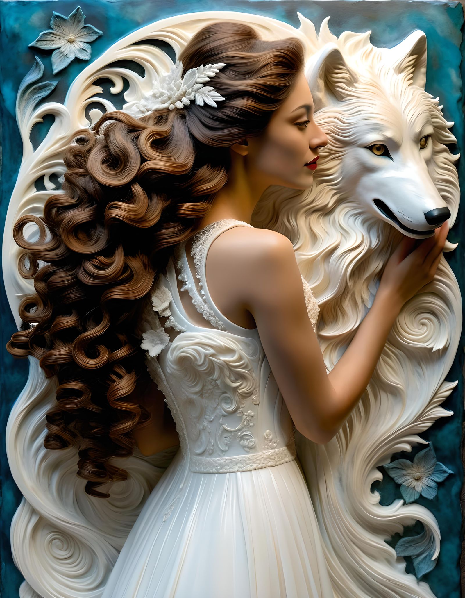 Woman in White Wolf Gown, Encaustic Mixed Media