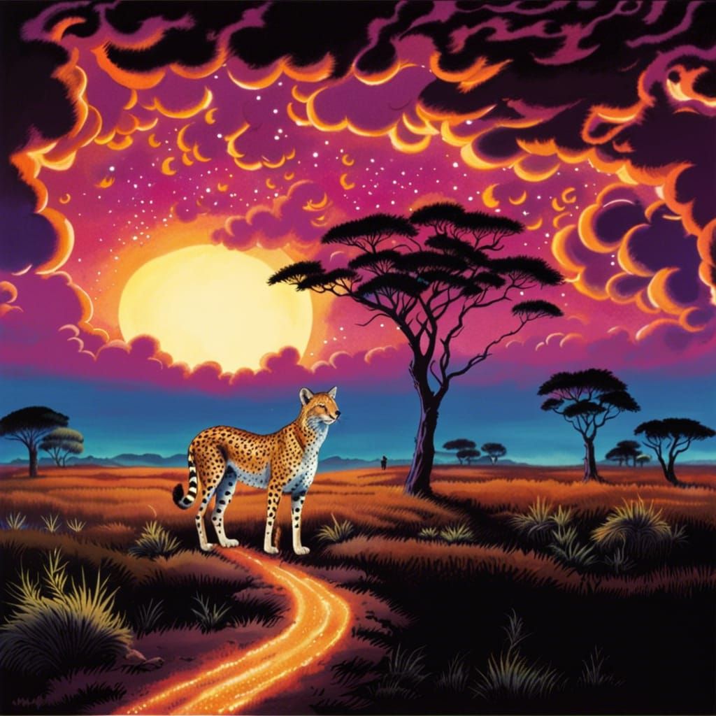 Electric Cheetah on African Savannah at Night