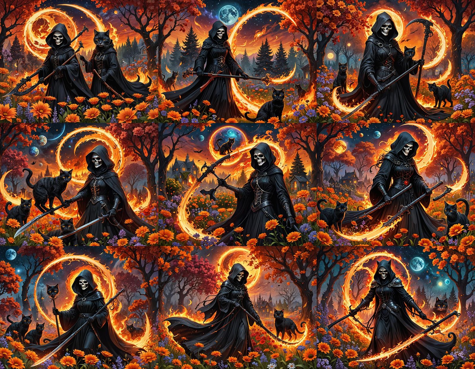 Fiery Female Grim Reaper in Floral Garden