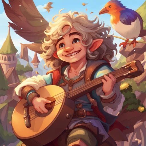 Gnome Bard Rides a Spiritual Bird in Fantasy Town