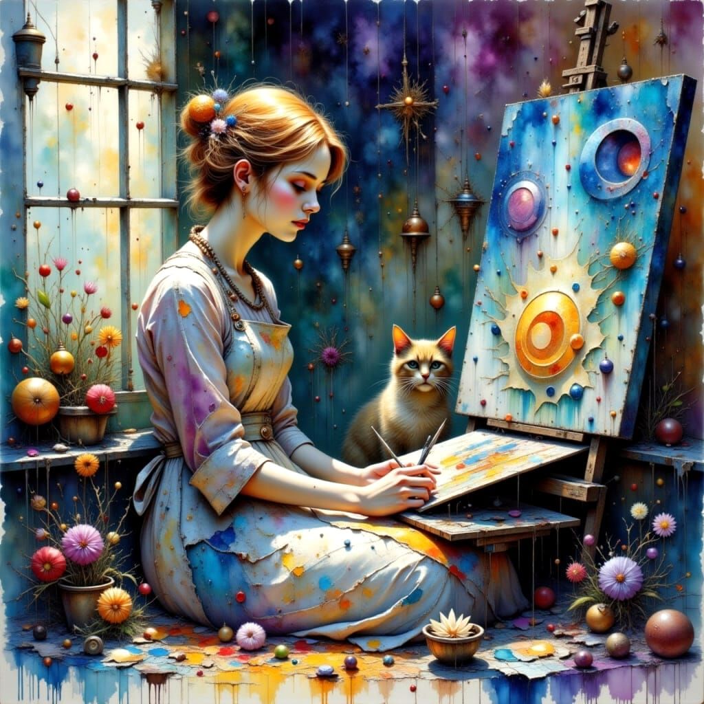 Painter in Cozy Studio, Alphonse Mucha Style