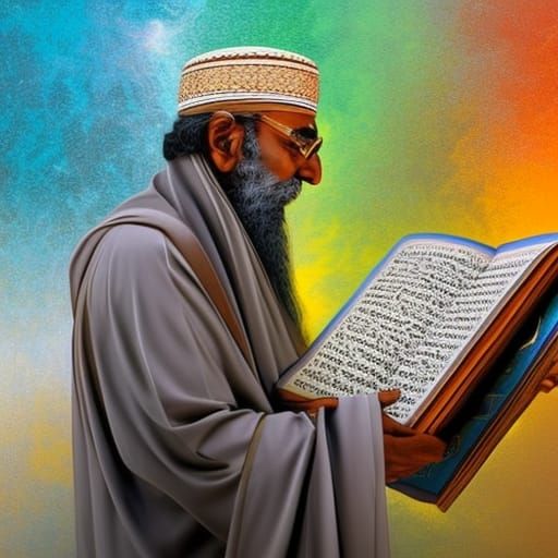 Muslim Man Reading Quran in Hyperrealistic Splash Art