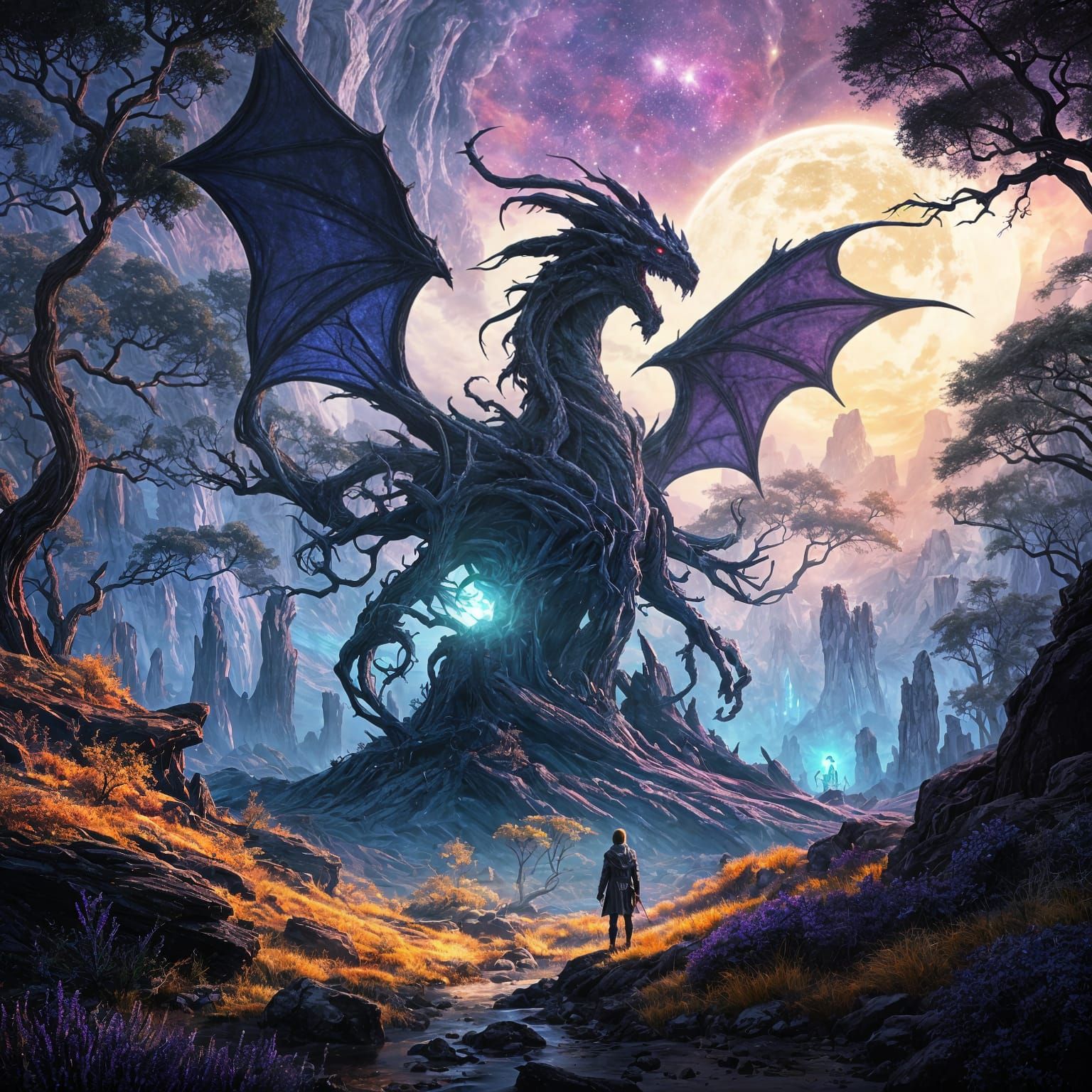 Lone Figure Amidst Alien Landscape with Majestic Dragon