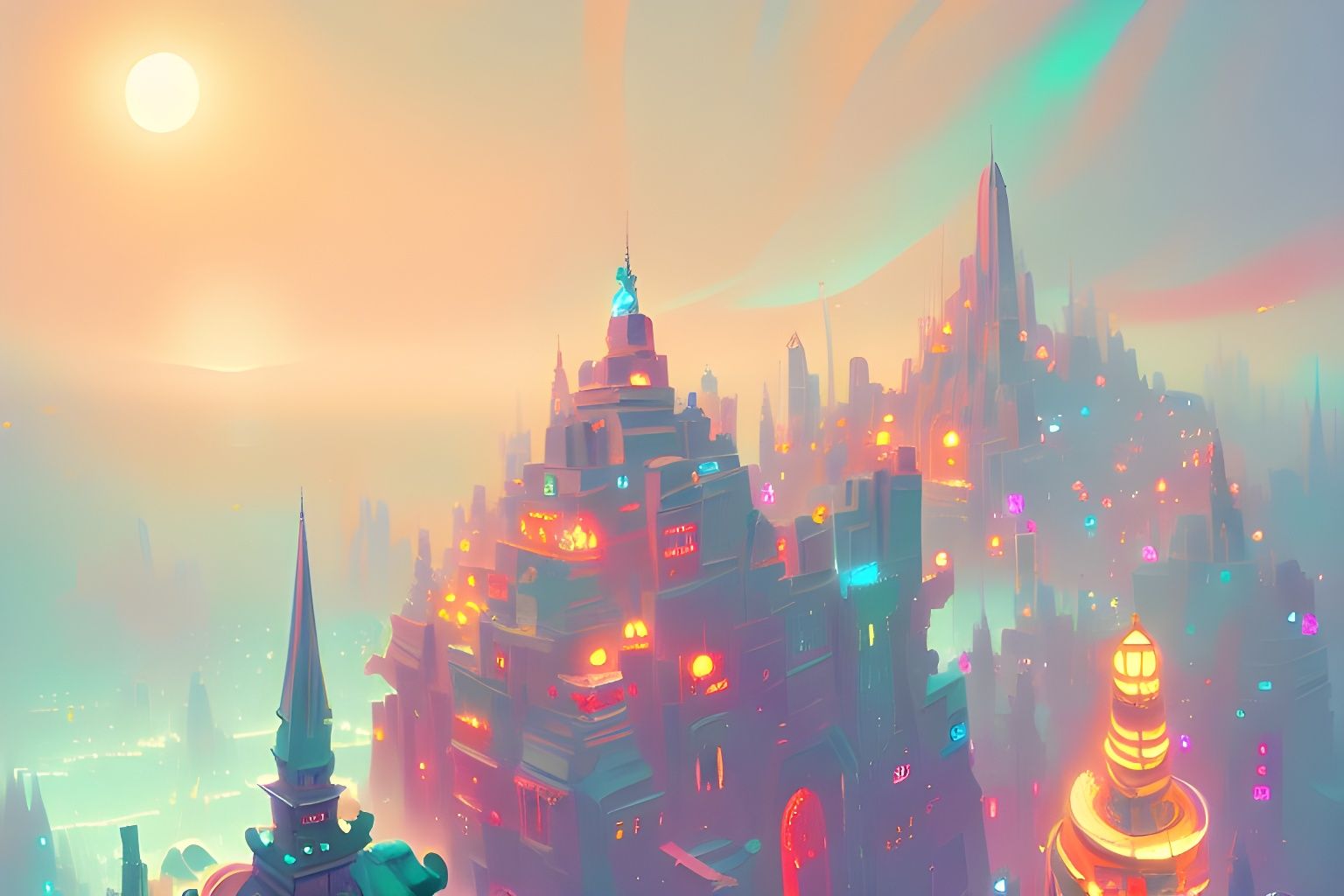 Luminous Cityscape Rendered in Cel-Shaded Style