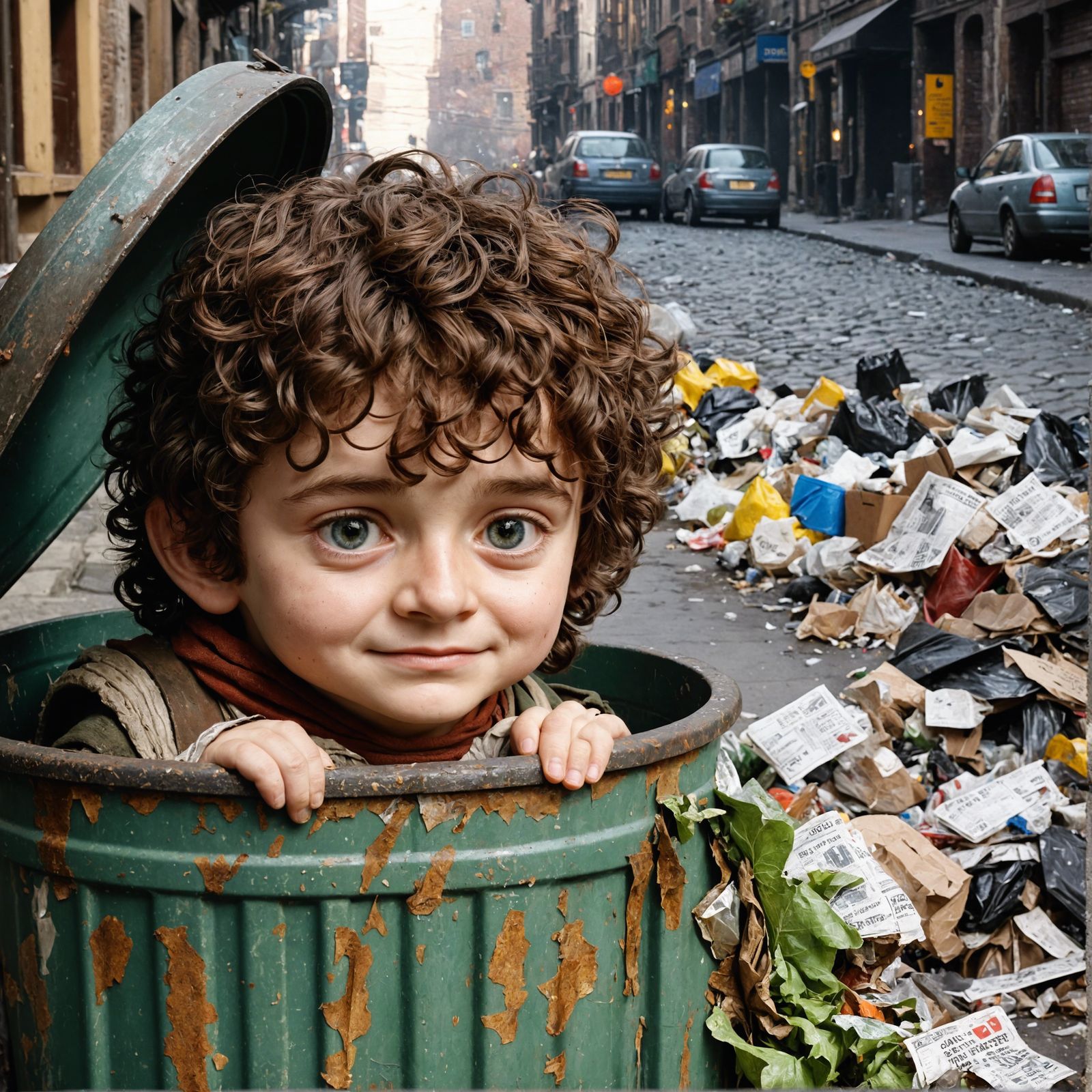 Adventurous Cartoon Character in Urban Oil Painting